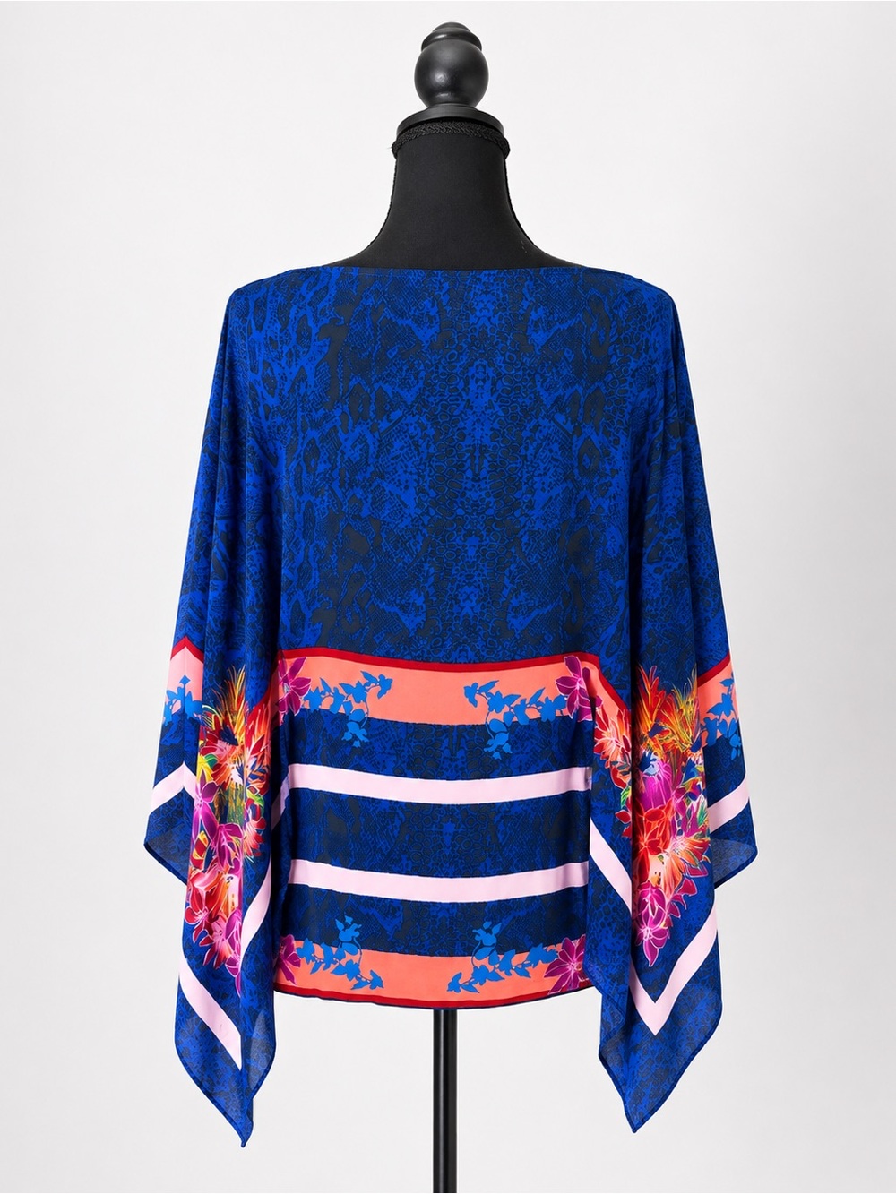 BCBGMaxAzria Blue Floral-Trim Kimono Wrap with Coral and Pink Accents